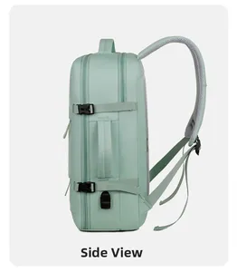 Side view of mint green travel backpack with expansion zipper and breathable straps