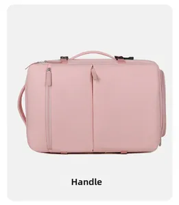 Detailed view of the pink multifunctional backpack's reinforced top and side carry handles