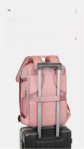 Pink travel backpack featuring a breathable mesh back and integrated luggage strap