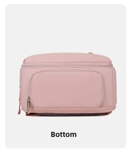 Detail view of the pink backpack base with zipper storage and breathable mesh texture