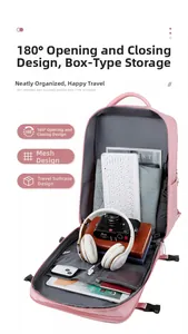 Pink travel backpack featuring 180-degree opening design and mesh storage compartments