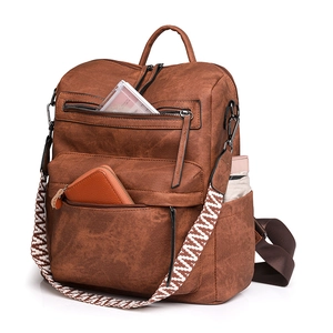 Sac à dos vintage en similicuir marron avec plusieurs poches et grande capacité