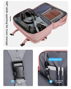 Pink travel backpack with 180 degree wide opening and organized internal compartments