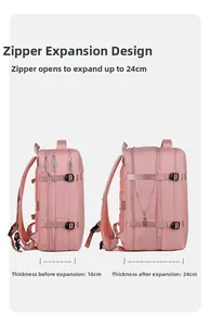 Detail of expandable laptop backpack showing zipper expansion from 16cm to 24cm depth
