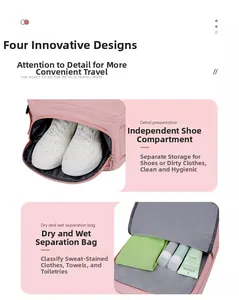 Pink travel backpack showing independent shoe compartment and dry-wet separation interior