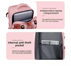 Detail of pink laptop backpack showing padded 15.6 inch laptop compartment and anti-theft pocket