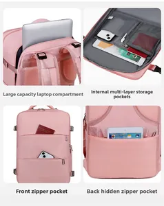 Detail view of pink laptop backpack featuring multi-layer storage and anti-theft pockets