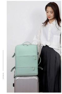Close-up of mint green travel backpack with multiple compartments and waterproof texture