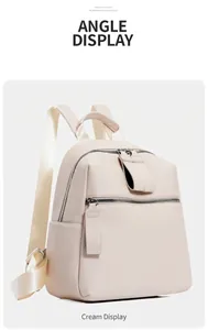 Detail of off-white lychee grain leather mini backpack with dual front zipper pockets