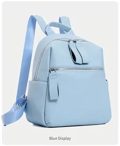 Detail of light blue PU leather backpack with silver zippers and side pockets