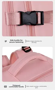 Detail view of pink backpack with adjustable side buckles and padded sponge handle