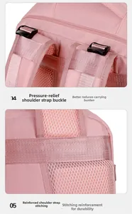 Detail of breathable mesh shoulder strap and reinforced stitching on pink backpack