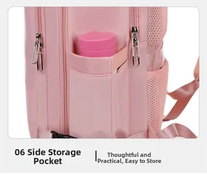 Detailed close-up of side pocket with elastic band for water bottles on a pink backpack