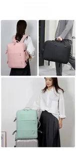 Three-way carry modes of waterproof business travel backpack in pink, black, and mint green