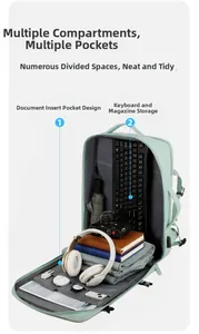 Detail view of large capacity travel backpack interior with multi-compartment storage pockets