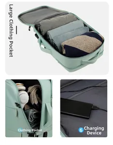 Detail of 180-degree open travel backpack with compartments for clothes and power bank