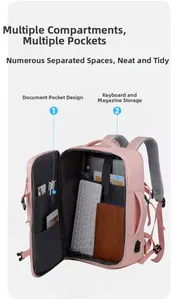 Detail view of pink laptop backpack interior with organized multi-compartment storage