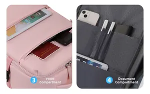 Pink travel backpack showing organized interior pockets for tablet and accessories