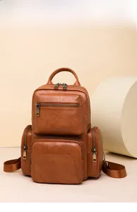 Close-up of vintage brown PU leather backpack featuring bronze zippers and side pockets