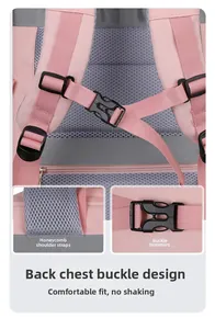 Detail of pink and gray backpack featuring honeycomb breathable straps and chest buckle