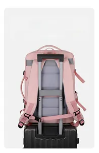 Pink travel backpack with suitcase strap and breathable honeycomb mesh back padding
