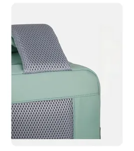 Detailed view of light green travel backpack with breathable 3D honeycomb mesh straps
