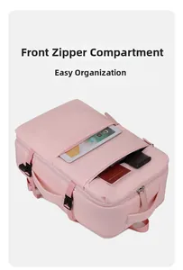 Close-up of front zipper compartment showing easy organization for tablets and passports