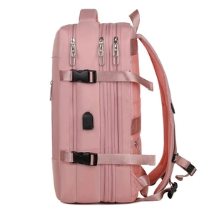 Pink expandable laptop backpack with multi-layer zipper storage and USB charging port