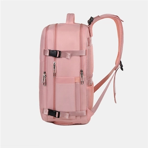 Pink multi-functional travel laptop backpack with breathable mesh back and side buckles