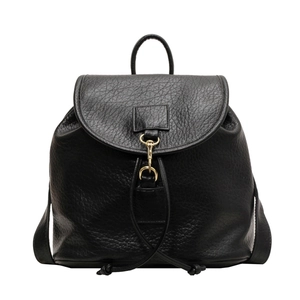 Vintage black faux leather backpack with litchi grain texture and gold metal buckle closure