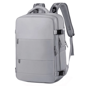 Large light grey business laptop backpack with multiple zipper compartments for travel