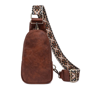 Retro brown faux leather chest bag with patterned bohemian wide shoulder strap