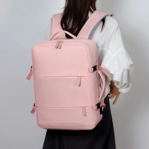 Pink large capacity travel laptop backpack with multi-functional pockets and side buckles