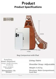 Brown leather crossbody chest bag shown next to an iPad to illustrate storage capacity