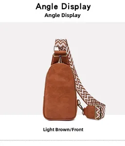 Detailed front view of light brown PU leather chest bag with ethnic woven strap