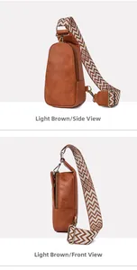 Detailed side and profile view of light brown PU leather chest bag with patterned strap
