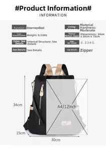 Detailed size chart and specifications for the waterproof black nylon backpack with dimensions
