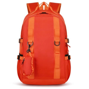 Front detail of bright orange hiking backpack with nylon straps and mini pouch