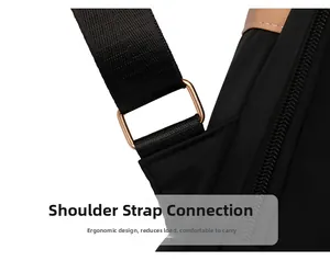 Detail of nylon backpack shoulder strap with rose gold metal buckle and ergonomic stitching