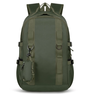 Detail of army green tactical backpack with MOLLE webbing and detachable mini pouch