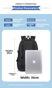 Detailed dimension guide for black oxford backpack showing 48x30x17cm capacity and size