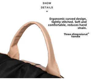 Close-up of durable nylon backpack featuring contrast beige ergonomic leather handles