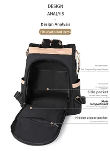 Detail showing high-capacity nylon backpack interior with iPad and daily essentials pockets