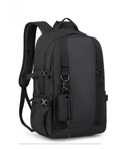 Detail view of black hiking backpack with MOLLE system and breathable mesh shoulder straps