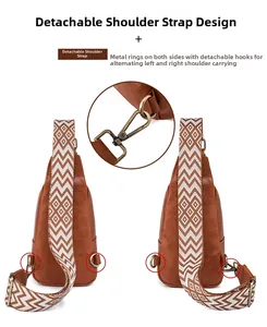 Detail of detachable and interchangeable wide geometric strap on brown crossbody bag