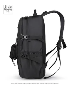 Side view of black tactical backpack featuring breathable mesh back and side compression straps