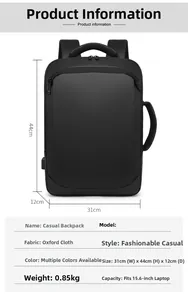 Business laptop backpack detail with USB port, oxford fabric, and 31x44x12cm dimensions