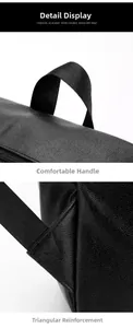 Dettaglio del manico confortevole e rinforzo triangolare su zaino nero in pelle