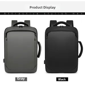 Business laptop backpacks in grey and black featuring integrated USB charging ports