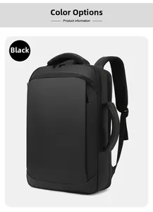 Detail view of black business backpack showing breathable shoulder straps and side handle